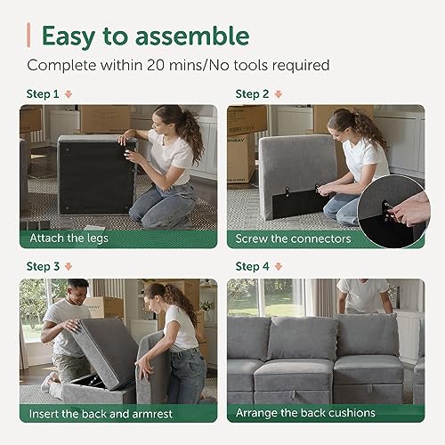 HONBAY Sleeper Modular Sectional Sofa with Storage Sectional Sleeper Sofa Oversized Modular Couch for Living Room, Grey