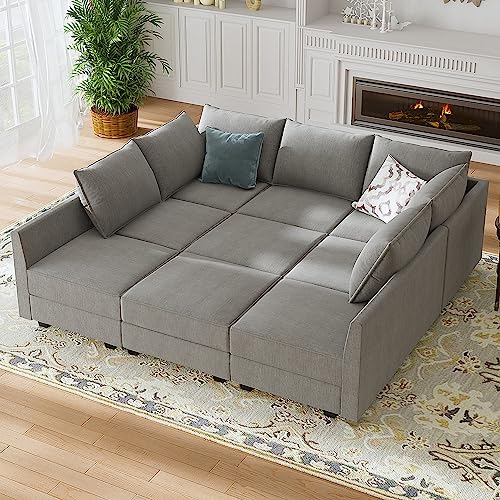 HONBAY Sleeper Modular Sectional Sofa with Storage Sectional Sleeper Sofa Oversized Modular Couch for Living Room, Grey