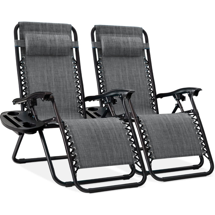 Best Choice Products Set of 2 Adjustable Steel Mesh Zero Gravity Lounge Chair Recliners w/Pillows and Cup Holder Trays, Gray