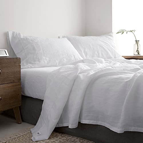 Simple&Opulence 100% Linen Sheet Set with Embroidery Washed - 4 Pieces (1 Flat Sheet & 1 Fitted Sheet & 2 Pillowcases) Natural Flax Soft Bedding Breathable Farmhouse - White, Queen Size