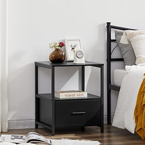 VECELO Nightstand Set of 2, Modern Square End Side Table, Night Stands with Drawer and Storage Shelf for Bedroom, Living Room, Study Metal Frame, 2 Pack, Black