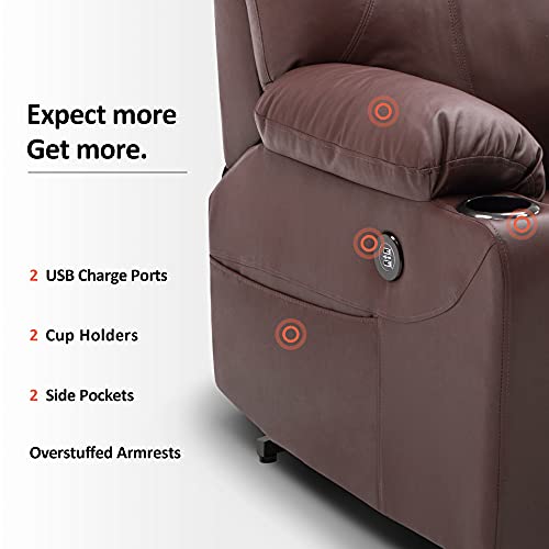 MCombo Electric Power Lift Recliner Chair Sofa with Massage and Heat for Elderly, 3 Positions, 2 Side Pockets, and Cup Holders, USB Ports, Faux Leather 7040 (Medium, Light Brown)