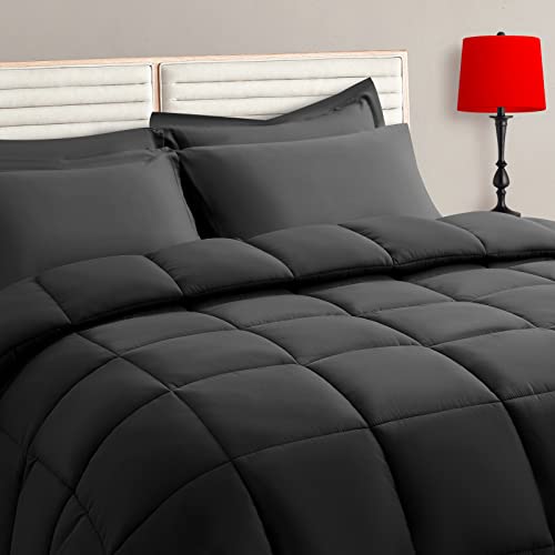 TAIMIT Queen Size Comforter Set - 7 Pieces, Bed in a Bag Bedding Sets with All Season Soft Quilted Warm Fluffy Reversible Comforter,Flat Sheet,Fitted Sheet,2 Pillow Shams,2 Pillowcases,Dark Grey