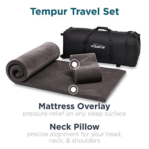 Tempur-Pedic Set-Includes Travel Size TEMPUR-Neck Pillow, Mattress Overlay, and Carry Bag, Gray