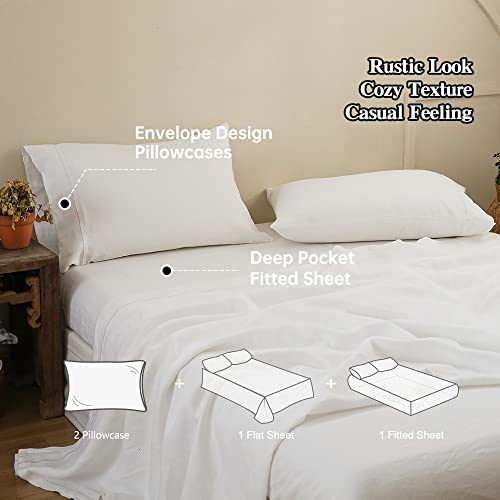 Simple&Opulence 100% Linen Sheet Set with Embroidery Washed - 4 Pieces (1 Flat Sheet & 1 Fitted Sheet & 2 Pillowcases) Natural Flax Soft Bedding Breathable Farmhouse - White, Queen Size