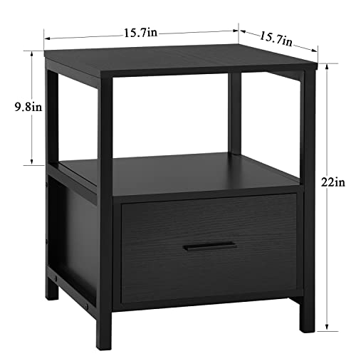 VECELO Nightstand Set of 2, Modern Square End Side Table, Night Stands with Drawer and Storage Shelf for Bedroom, Living Room, Study Metal Frame, 2 Pack, Black