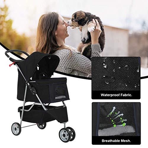 BestPet 3 Wheels Pet Stroller Dog Cat Cage Jogger Stroller for Medium Small Dogs Cats Travel Folding Carrier Waterproof Puppy Stroller with Cup Holder & Removable Liner,Black