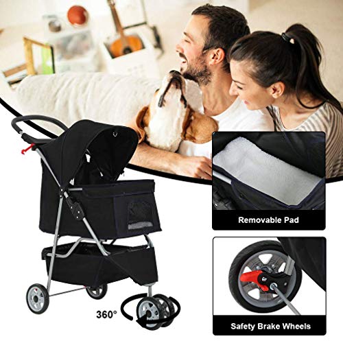 BestPet 3 Wheels Pet Stroller Dog Cat Cage Jogger Stroller for Medium Small Dogs Cats Travel Folding Carrier Waterproof Puppy Stroller with Cup Holder & Removable Liner,Black
