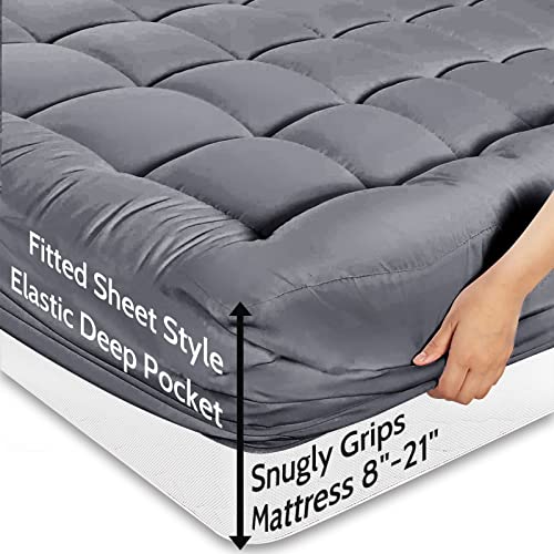 TEXARTIST Queen Mattress Pad Cover Cooling Mattress Topper Pillow Top Mattress Cover Quilted Fitted Mattress Protector with 8-21 Inch Deep Pocket(Queen, Grey)