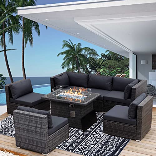 NICESOUL® 118.7''L- High Back Large Size PE Rattan Patio Furniture Sectional Sofa Sets Thicken Cushions Outdoor Conversation Sets with Fire Pit Table CSA Approved