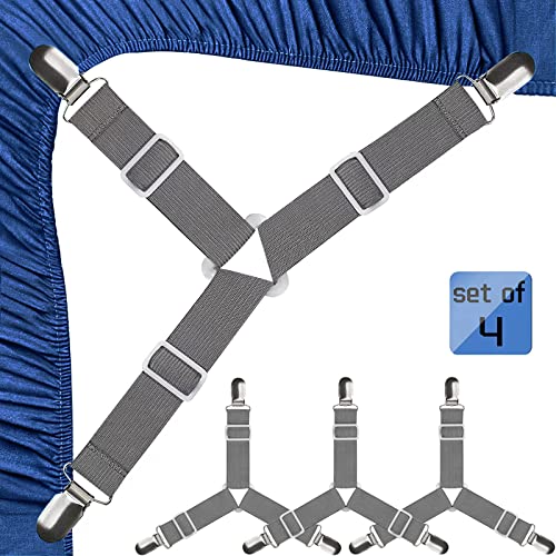 JBYAMUS Bed Sheet Straps, Easy to Install Sheet Straps, Fitted Sheet Clips, Three-Way Sheet Fasteners, Say Goodbye to The Messy Sheets (Gray-4 Pcs)