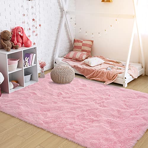 Ultra Soft Pink Rugs for Bedroom 4x6 Feet, Fluffy Shag Area Rugs for Living Room, Large Comfy Furry Rug for Girls Kids Baby Room Decor, Non Slip Nursery Rug Modern Indoor Fuzzy Floor Carpet