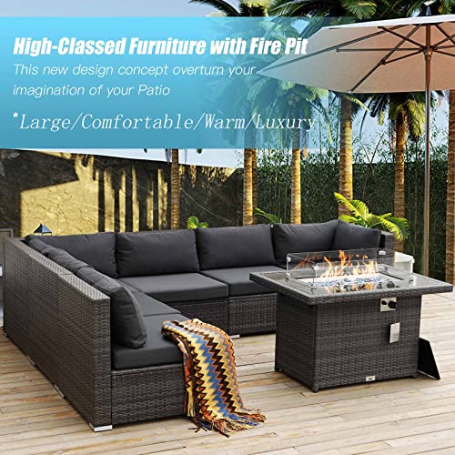 NICESOUL® 118.7''L- High Back Large Size PE Rattan Patio Furniture Sectional Sofa Sets Thicken Cushions Outdoor Conversation Sets with Fire Pit Table CSA Approved