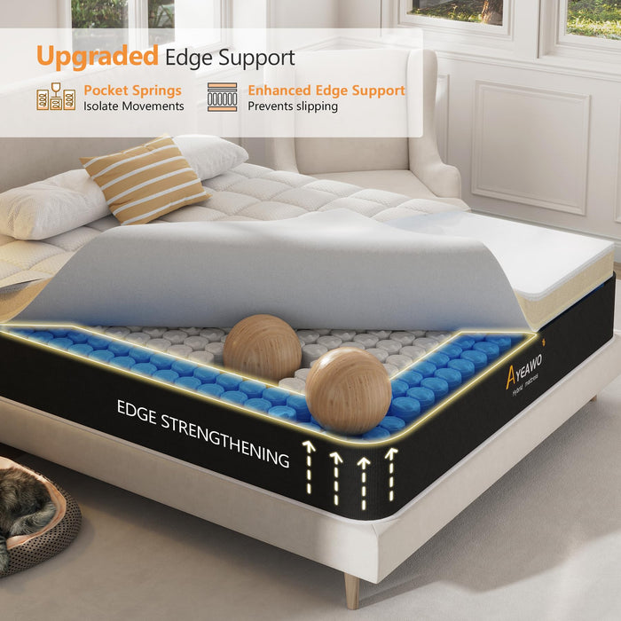 Ayeawo Queen Mattress, 12 Inch Hybrid Mattress Queen Size with Pressure Relief Foam and Pocket Springs, Motion Isolation and Supportive, Breathable Fabric, Queen Size Mattress in a Box, Medium Firm