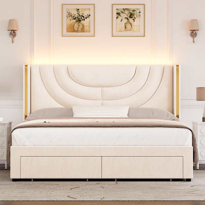Homfa Queen Size LED Bed Frame with 2 Drawer Storage, Wingback Platfor