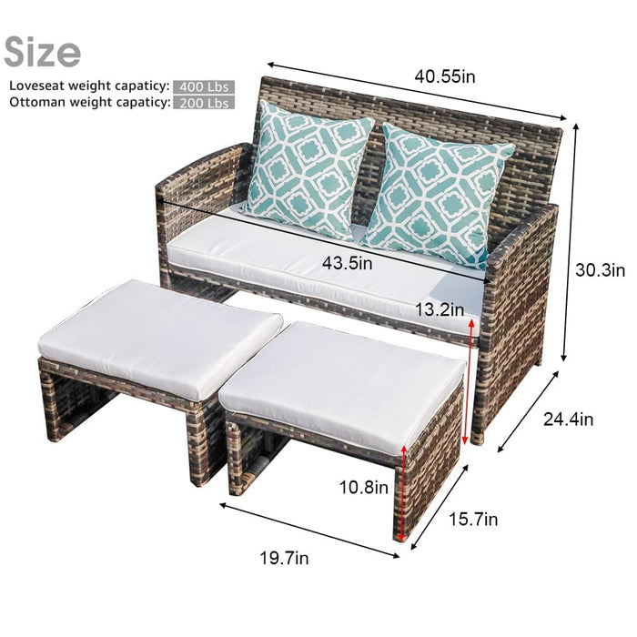 Outdoor Loveseat Patio Furniture Rattan Conversation Set, with Ottoman