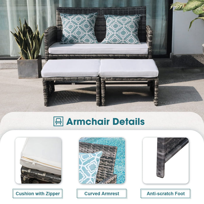 Outdoor Loveseat Patio Furniture Rattan Conversation Set, with Ottoman