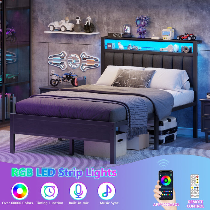 Tydimor Full Size Platforrm Bed Frame with Charging Station, LED Stand