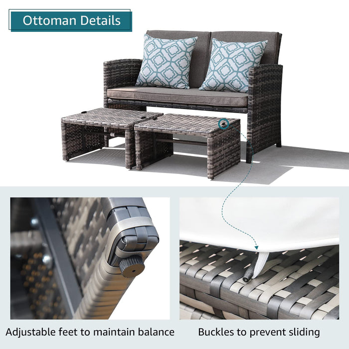 Outdoor Loveseat Patio Furniture Rattan Conversation Set, with Ottoman