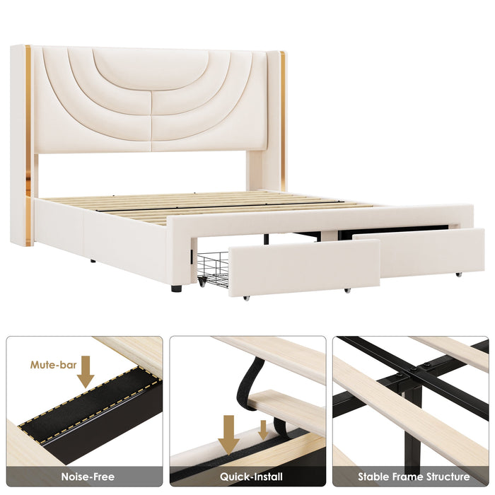 Homfa Queen Size LED Bed Frame with 2 Drawer Storage, Wingback Platfor