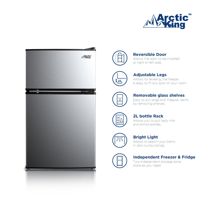 Arctic King 3.2 Cu Ft Two Door Mini Fridge With Freezer Stainless Stee