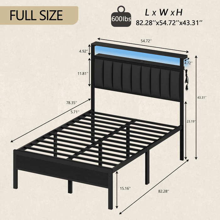 Tydimor Full Size Platforrm Bed Frame with Charging Station, LED Stand
