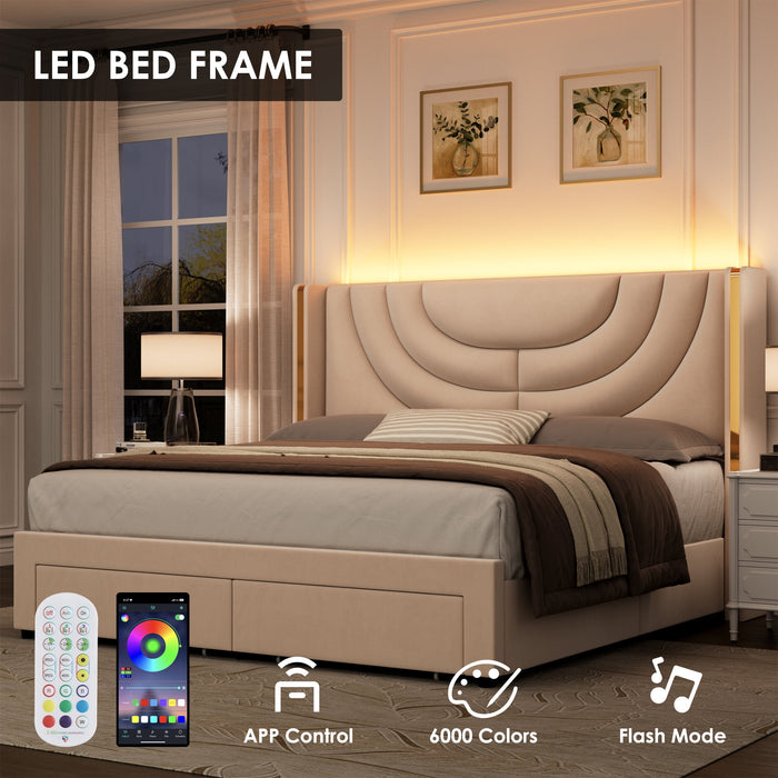 Homfa Queen Size LED Bed Frame with 2 Drawer Storage, Wingback Platfor