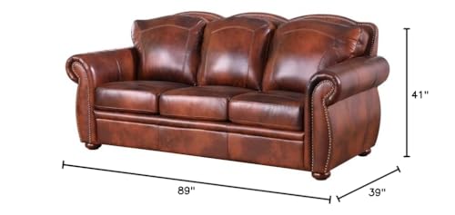 BOWERY HILL Traditional Geuine Leather Sofa in Marco Brown Finish