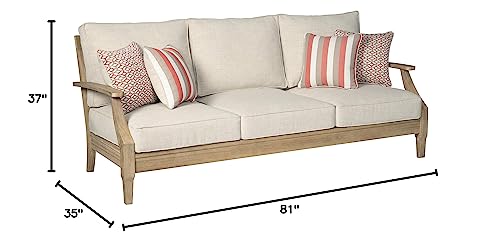 Signature Design by Ashley Clare View Coastal Outdoor Patio Eucalyptus Sofa with Cushions, Beige