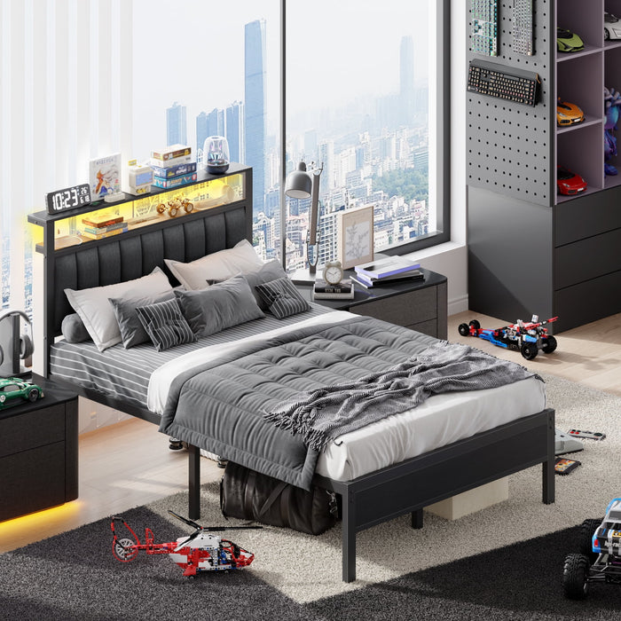 Tydimor Full Size Platforrm Bed Frame with Charging Station, LED Stand