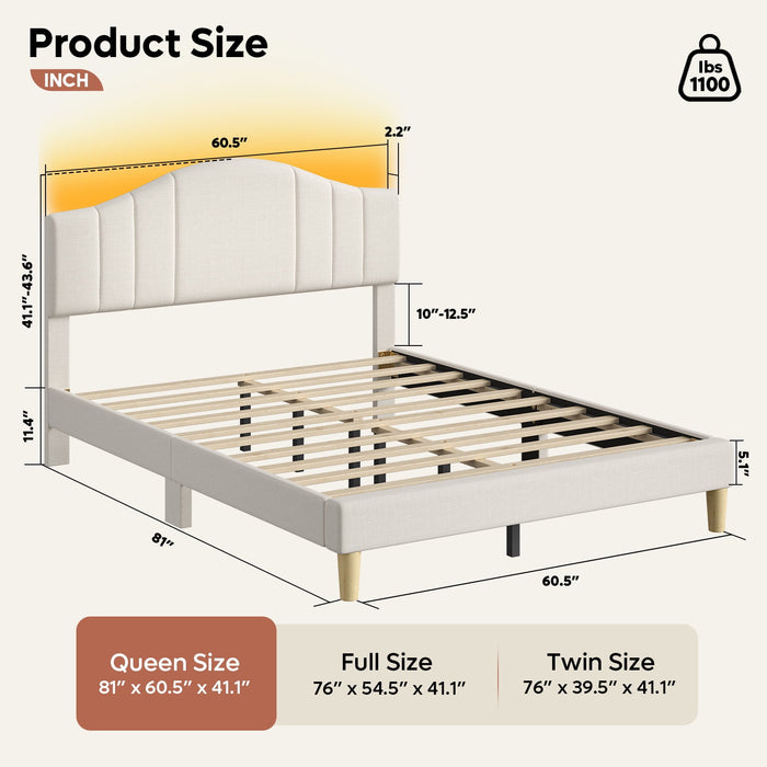 Pinmoco Queen Upholstered Bed Frame with Adjustable Arc-shaped Headboa