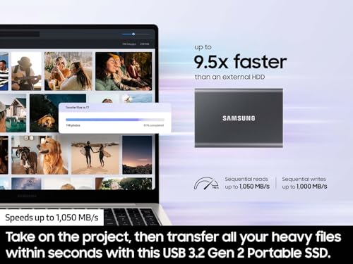 SAMSUNG T7 Portable SSD, 2TB External Solid State Drive, Speeds Up to 1,050MB/s, USB 3.2 Gen 2, Reliable Storage for Gaming, Students, Professionals, MU-PC2T0T/AM, Gray