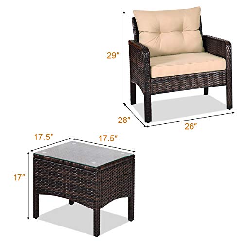 Tangkula 3 Piece Outdoor Patio Furniture Set for 2, Wicker Chairs with Glass Top Coffee Table, Thick Cushions, All Weather Garden Lawn Poolside Backyard Porch (Brown)