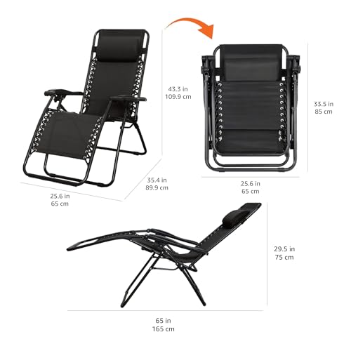 Amazon Basics Outdoor Patio Zero Gravity Portable Folding Reclining Lounge Chair with Padded Headrest Pillow, Weather Resistant Textilene, 26", Black