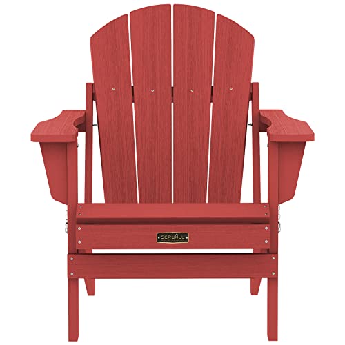 SERWALL Folding Adirondack Chair Set of 4 Outdoor Chairs Painted Adirondack Chair Weather Resistant for Patio Deck Garden, Backyard Deck, Fire Pit- Red