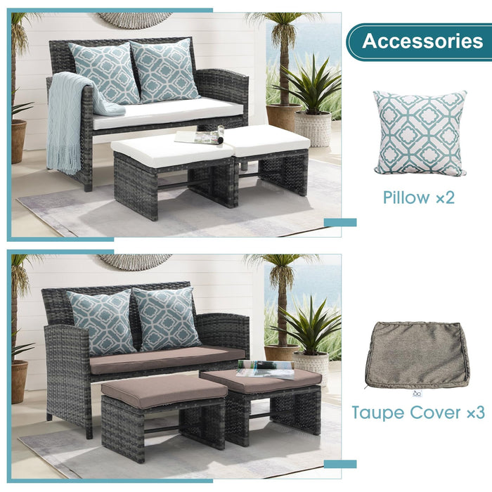 Outdoor Loveseat Patio Furniture Rattan Conversation Set, with Ottoman