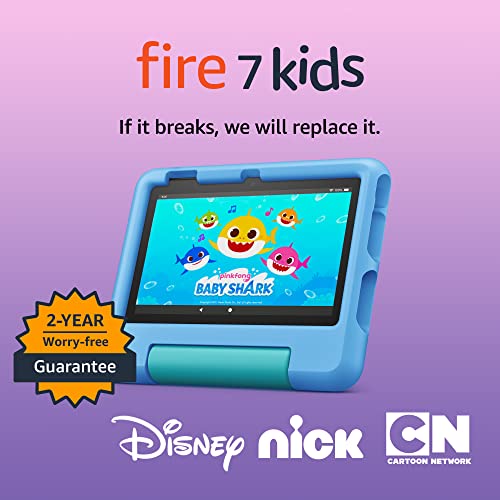 Amazon Fire 7 Kids tablet (newest model) ages 3-7. Top-selling 7" kids tablet on Amazon | ad-free content with parental controls included, 10-hr battery, 16 GB, Blue