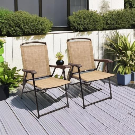 Devoko Patio Folding Chair Deck Sling Chair Camping Garden Pool Beach Using Chairs Space Saving Set of 2 (Beige)