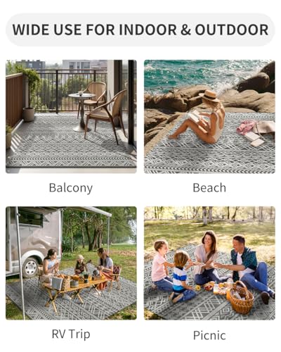 MontVoo-Outdoor Rug Waterproof 6x9 ft Outdoor Carpet Patio Rug Mat Reversible RV Camping Rug-Plastic Straw Rug Outside Outdoor Area Rug for Patio Deck Balcony Backyard Picnic Beach -Boho Grey