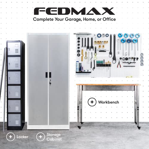 Fedmax Metal Garage Storage Cabinet - 71-inch Tall Large Steel Utility Locker with Adjustable Shelves & Locking Doors - Garage Cabinets for Tool Storage and Ammo Locker - White & Silver