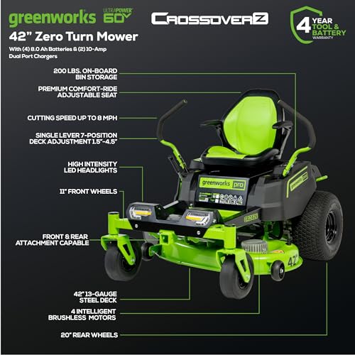 Greenworks 60V 42” Cordless Electric CrossoverZ Zero Turn Riding Mower, (4) 8.0Ah Batteries and (2) Dual Port Turbo Chargers