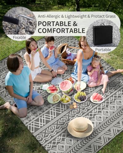 MontVoo-Outdoor Rug Waterproof 6x9 ft Outdoor Carpet Patio Rug Mat Reversible RV Camping Rug-Plastic Straw Rug Outside Outdoor Area Rug for Patio Deck Balcony Backyard Picnic Beach -Boho Grey