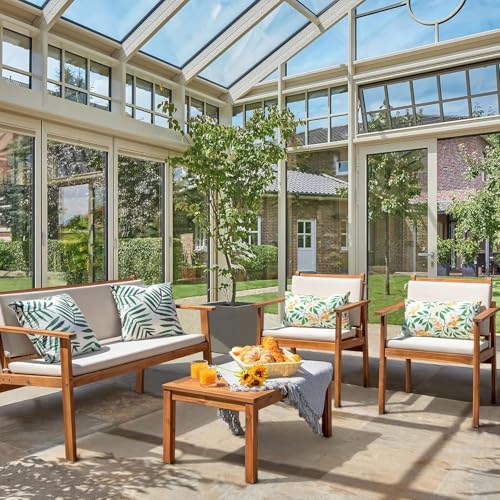 Devoko Patio Furniture 4 Piece Acacia Wood Outdoor Conversation Sofa Set with Table & Cushions Porch Chairs for Garden, Deck, Backyard, Natural