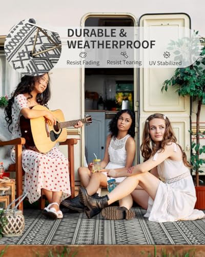 MontVoo-Outdoor Rug Waterproof 6x9 ft Outdoor Carpet Patio Rug Mat Reversible RV Camping Rug-Plastic Straw Rug Outside Outdoor Area Rug for Patio Deck Balcony Backyard Picnic Beach -Boho Grey