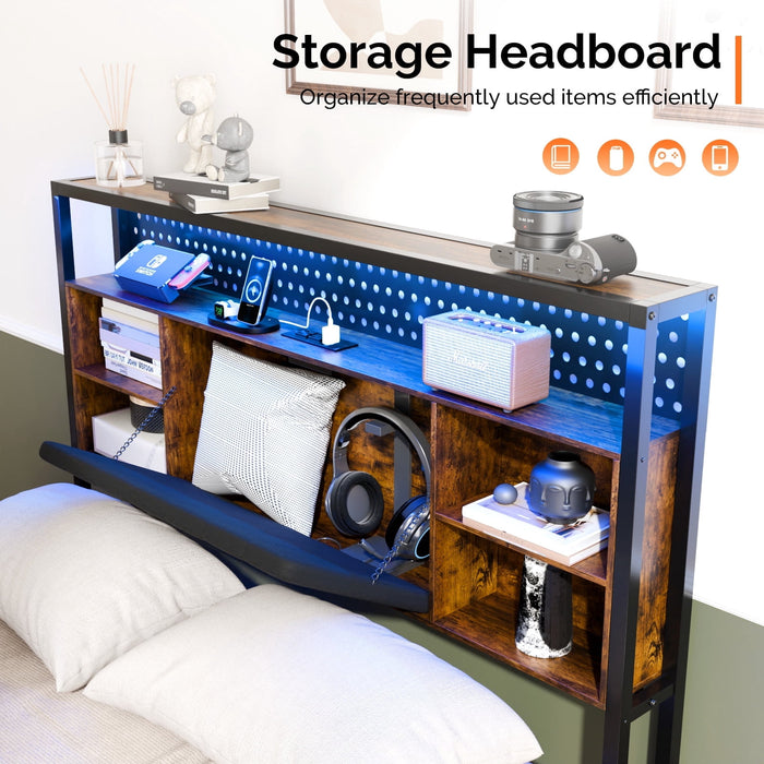 UBesGoo Full Floating Platform Bed, Burnt Wood Storage Headboard Full