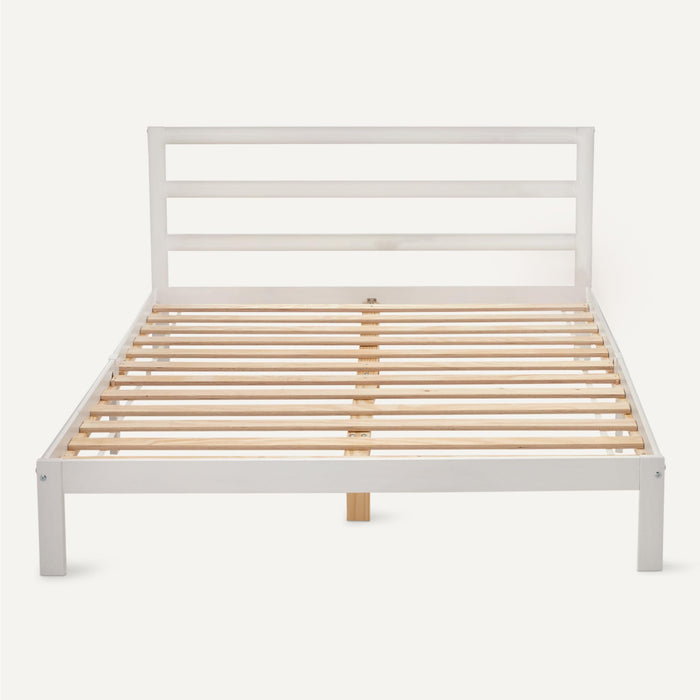 Amazon Basics Queen Bed Frame with Headboard, Solid Pine Wood with Bed Slats, White, 62" x 82" x 34.6"