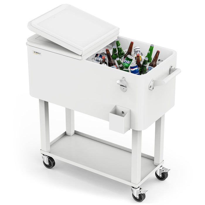 VINGLI 80 Quart Rolling Ice Chest, Portable Patio Party Bar Drink Cooler Cart, with Shelf, Beverage Pool with Bottle Opener (White)