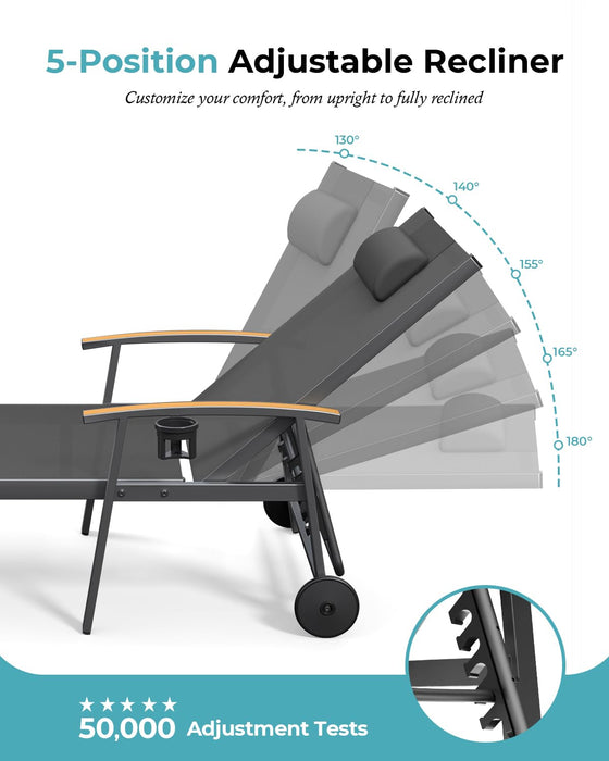 Ciokea Outdoor Lounge Chair with Pillow, 5-Position Aluminum Chaise Lounge with Wheels & Armrests, 400 lbs Heavy Duty Patio Pool Chair for Deck, Backyard, Beach & Poolside, Grey
