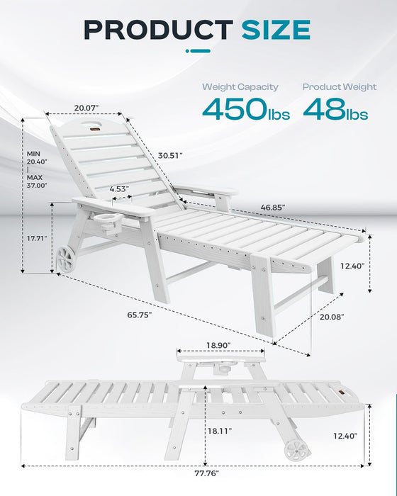 Ciokea Lounge Chair Outdoor, Oversized Chaise Lounge Chair with 5 Positions, HDPE, Patio Lounge Chair with Wheels & Cup Holder for Pool, Deck, Poolside, White