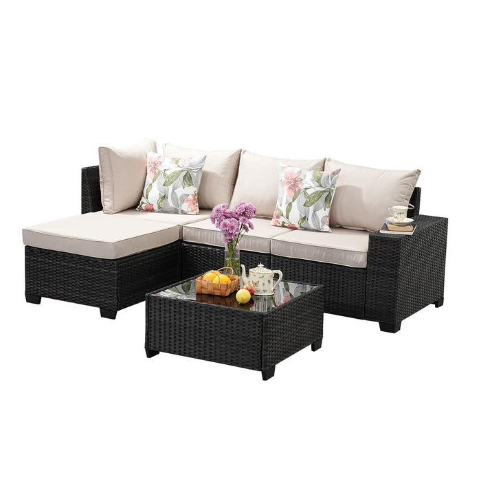 SunloungeCo 5 Pieces Outdoor Patio Furniture Set, Wicker Conversation Sets with Tea Table, Rattan Patio Sofa with Thick Cushions for Garden, Backyard, Poolside, Party, Beige